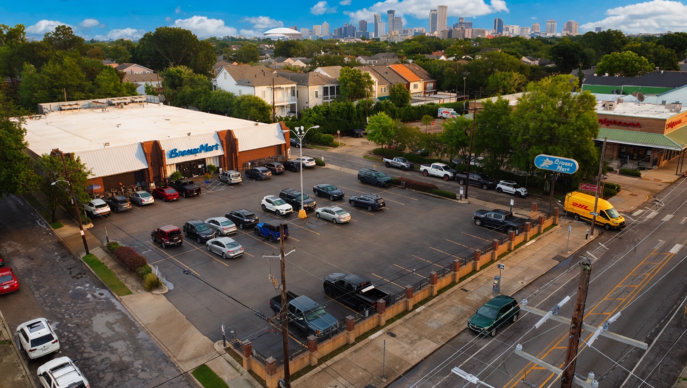 An aerial view of the Breaux Mart in New Orleans, LA on a sunny, busy day.