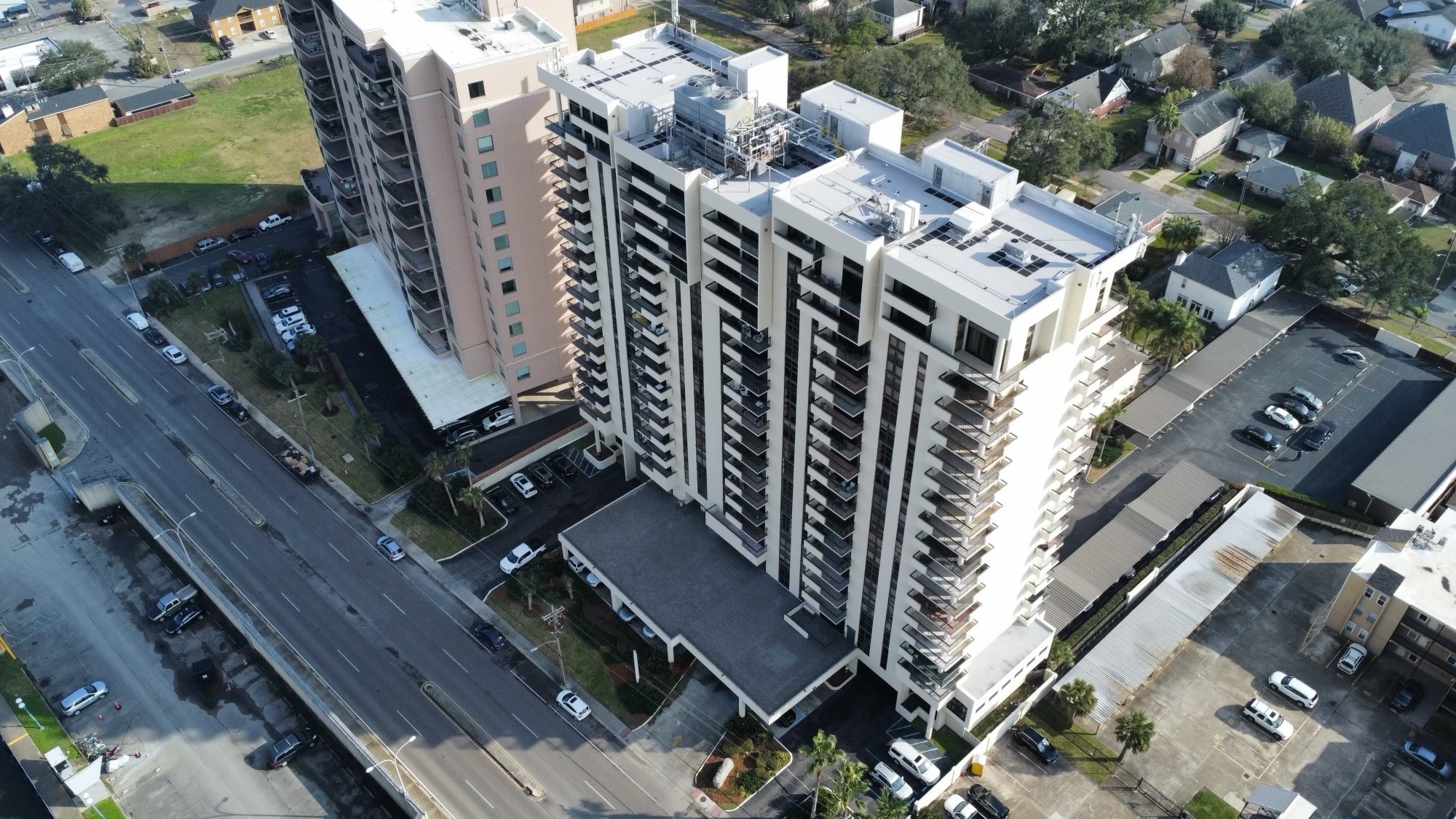 An aerial view of the Lake Marina Tower Condominium building in New Orleans, LA.